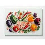 Mey İthalat Isıya Dayanıklı Temperli Cam Kesme Tahtası ve Sunum Tablası - Renkli Sebze Desenli, Hijyenik Mutfak Tezgah Koruyucu, 25X35 cm