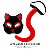Mey İthalat® Kırmızı Kedi Maske Ve Kuyruk Seti Parti Kostüm Aksesuarı