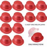Mey İthalat® Kırmızı Renk Simli Melon Yuvarlak Parti Şapkası 12 Adet