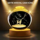 Mey İthalat® Led Işıklı Geyikli Kristal Küre Ahşap Standlı Modern Dekor Lamba