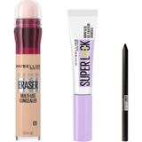 Mey İthalat Maybelline New York Instant Anti Age Eraser Kapatıcı - 01 Light & Maybelline New York Super Lock Brow Glue Kaş Sabitleyici Maskara & Maybelline Tattoo Mini Jel Göz Kalemi Hediyeli