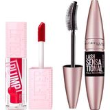 Mey İthalat Maybelline New York Lifter Plump Dudak Parlatıcısı- 004 Red Flag & Lash Sensational Yelpaze Etkili Intense Black Maskara Makyaj Seti