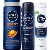 Mey İthalat Men Erkek Duş Jeli Sport 500ML, Hassas Tıraş Jeli 200ML ve Deep Dimension Sprey Deodorant 150ML