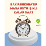 Mey İthalat® Metal Bronz Nostaljik Masa Saati Alarmlı Büyük Boy Sessiz Mekanizmalı