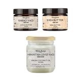 Mey İthalat Minia BAHÇE%100 Doğal Yağ Seti – Soğuk Sıkım Hindistan Cevizi Yağı, Shea Butter ve Kakao Yağı | 3'lü Bakım Seti | Nemlendirici, Çatlak Önleyici, Bebek ve Hamile Dostu, 250 ml