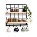 Mey İthalat Mutfak Rafı; 2 Katlı Baharatlık ve 6'li Kupa Askısı, Duvar Tipi Metal Ahşap Mutfak Düzenleyici, 40X30X10 Cm, Çay ve Kahve Organizeri, Çivi ve Vida Dahil Değildir - Çok Renkli