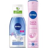 Mey İthalat Nıvea Çift Fazlı Göz Makyaj Temizleme Suyu 125ML ve Kadın Sprey Deodorant Pearl&beauty 150ML, 72 Saat Anti-Perspirant Koruma