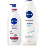 Mey İthalat Nivea Creme Soft Banyo ve Duş Jeli 750ML ve Repair&care Yoğun Nemlendirici Vücut Losyonu 400ML, Kuru Cilt