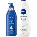 Mey İthalat Nivea Creme Soft Kremsi Dokunuş Duş Jeli 750ML ve Besleyici Vücut Sütü 400ML, Nemlendirici, Kuru Cilt