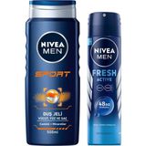 Mey İthalat Nıvea Men Erkek Sprey Deodorant Fresh Active 48 Saat Deodorant Koruması 150ML ve Nıvea Men Sports Duş Jeli 3ü 1 Arada Kullanım,vücut, Yüz ve Saç, 24 Saat Ferahlık 500 ml