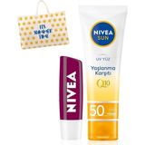 Mey İthalat Nıvea Sun Q10 Yaşlanma Karşıtı Güneş Koruyucu Yüz Kremi 50ML ve Böğürtlen Dudak Bakım Kremi, Çanta Hediye