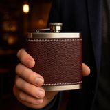 Mey İthalat Perlotus 5 OZ-150 cc Hunili Kahve Brown Deri Kılıf Çelik Viski Içki Konyak Matarası
