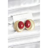 Mey İthalat® Pirinç Gold Renk Bordo Boncuklu Oval Vintage Kadın Küpe