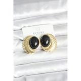 Mey İthalat® Pirinç Gold Renk Siyah Boncuklu Oval Vintage Kadın Küpe