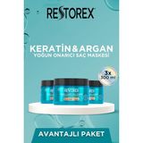 Mey İthalat Restorex Keratin & Argan Onarıcı Saç Bakım Maskesi 3X300 ml - Yıpranmış ve Hasar Görmüş Saçlar Botoks Etkili
