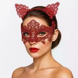 Mey İthalat® Romantik Kırmızı Dantel Maske Seti – Kedi Kulaklı Taç Ve Maske 3 No