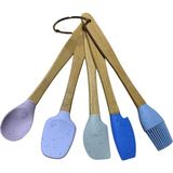 Mey İthalat Silikon Kaşık Seti, Bambu Saplı, Mavi ve Mor Renkli, 5 Parça, Spatula ve Fırça Dahil