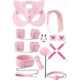 Mey İthalat Sınırsızmarket 12 Parça Pembe Fantezi Set, Maske, Kelepçe, Kamçı, Tasma, Kelepçeler, Klipsler, Tüy, Halka, Ip, Kiss Me Etiketleri