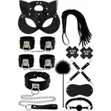 Mey İthalat SINIRSIZMARKET10 Parça Yetişkin Fantezi Set, Siyah, Kedi Maskesi, Kelepçeler, Kamçı, Tasma, Suni Kürk Aksesuar