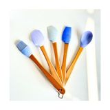 Mey İthalat Spatula, Mutfak Bambu Silikon Isıya Dayanıklı Kaşık Kepçe Takımı 5'li Set & Fırça Mavi