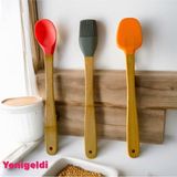 Mey İthalat Yenigeldi 3 Adet 21 cm Pastel Renk Bambu Saplı Mini Silikon Pişirme Seti, (Kaşık,fırça,spatula),pastel