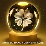 Mey İthalat® Yonca Bitki Figürlü Led Işıklı Cam Küre Usb Ahşap Standlı Gece Lambası