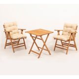 Meya Dekor Minderli Loretta Masa Sandalye Seti 2+1 Ahşap Bahçe Balkon Teras Katlanır Set 60x60 Masa Ahşap