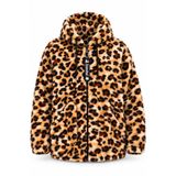 MEYASU Kadın Büyük Beden Leopar Peluş Ceket Kapüşonlu Fermuarlı Polar Hırka