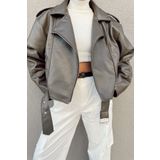 MEYASU Yeni Sezon Haki Renk Suni Deri Oversize Kemerli Biker Ceket