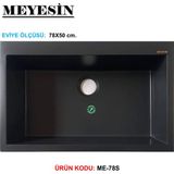 Meyesin Granit Eviye Siyah Tek Gözlü Mutfak Evyesi 78 x 49 cm .