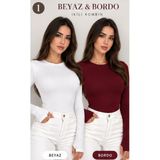 MEYMERS Kadın 2'li Uzun Kollu Parmak Detaylı Basic Body Set - Beyaz - Bordo