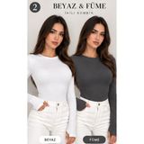 MEYMERS Kadın 2'li Uzun Kollu Parmak Detaylı Basic Body Set - Beyaz Füme