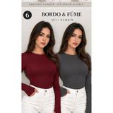 MEYMERS Kadın 2'li Uzun Kollu Parmak Detaylı Basic Body Set - Bordo - Füme