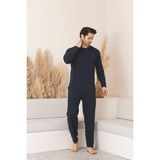 Meynur Moda Pamuklu Penye Uzun Kollu Erkek Pijama Takımı - Lacivert - XL