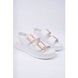 meyra'nın ayakkabıları Kadın Beyaz Cilt Ayarlanabilir Çift Toka Arkadan Lastikli Konforlu Sandalet