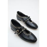 meyra'nın ayakkabıları Kadın Çift Bantlı Zımbalı Günlük Babet Siyah Rugan