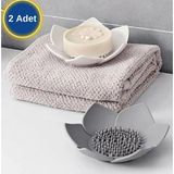 Meyre Lotus Desenli (2 Adet) Silikon Sabunluk ve Sünger Tutacağı Beyaz ve Gri Renk Katı Şık Banyo Düzenleyici