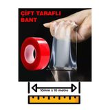 MeyZone Çift Taraflı Bant Şeffaf Silikon Bant Güçlü Yapıştırıcı Montaj Bandı 10mm X 10 Metre