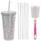 Mezchi Bling Rhinestone Bardak Bardağı, 481 ml Çivili Simli Elmas Su Şişesi, Parlak Paslanmaz Çelik Termal İçme Suyu Kupası 1 Adet Fırçalı 6 Adet Pipet Fırçası Kadınlar ve Kızlar için