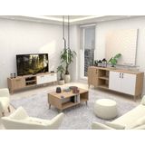 Mezza Set 1585-2074-1624 Exxen (Ahşap Ayaklı) Tv Ünitesi - Orta Sehpa - Konsol Seti Sepet - Beyaz - Sepet Ceviz - Beyaz