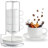 Mfacoy 8oz Porselen Espresso Bardakları Tabaklar ve Metal Standlı, Küçük Cappuccino Kahve Fincanları 4'lü Set, Özel Kahve İçecekleri, Cappuccino, Latte, Americano ve Çay için İstiflenebilir Demitasse