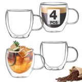 Mfacoy Çift Duvarlı Yalıtımlı Bardaklar Espresso Bardakları 4'lü Set, 141 ml Saplı Şeffaf Kahve Fincanı, Espresso Shot Bardakları, Espresso Makinesi, Latte, Kapuçino, Cam Kahve Kupaları