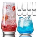 Mfacoy İçecek Bardağı Seti 8 - 4 Uzun Cam Bardak 500 ml ve 4 Kısa Sapsız Şarap Kadehi 368 ml, Highball Bardakları, Kokteyl, Bira, Şarap, Viski, Su ve Meyve Suyu İçecekleri için Cam Setleri