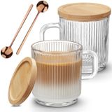 Mfacoy Saplı ve Kaşıklı 2 Paket Cam Kahve Kupaları, Bambu Kapaklı 12oz Cam Kahve Fincanları, Nervürlü Cam Bardaklar, Sıcak/Soğuk İçecekler için Şeffaf Çay Kupası, Americano, Latte, Cappuccino için Züccaciye