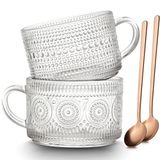Mfacoy Vintage Kahve Kupaları 2'li Set, 14 oz Saplı Kabartmalı Cam Bardaklar, Kapuçino, Latte, Tahıl, Yoğurt, Süt, Sıcak veya Soğuk İçecekler için Şeffaf Bardaklar