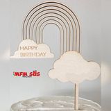Mfm Parti Gökkuşağı Happy Birthday Ahşap Pasta Üstü Süs