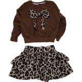 MG Mini Giyim Leopar Desenli Etekli Sweat Takım Kız Çocuk Fiyonklu 9-10 Yaş Günlük Kullanım - Kahverengi - Leopar - 9 - 10 Yaş