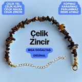Mga Doğaltaş Kaplan Gözü Taşı Özel Kesim Doğal Taş Bileklik Orijinal Komple Çelik Doğal Kırıktaş Bileklik - Kahve