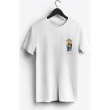 MGAX Balıkçı Balığa Giden Sevimli Ayı Arma Baskılı Regular Sıfır Yaka %100 Pamuk Unisex Penye T-Shirt - Beyaz - XL