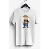 MGAX Balıkçı Balığa Giden Sevimli Ayı Baskılı Regular Sıfır Yaka %100 Pamuk Unisex Penye T-Shirt - Beyaz - 3XL